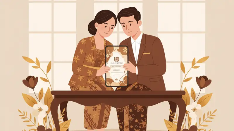 Pasangan sedang mengedit undangan pernikahan online di laptop