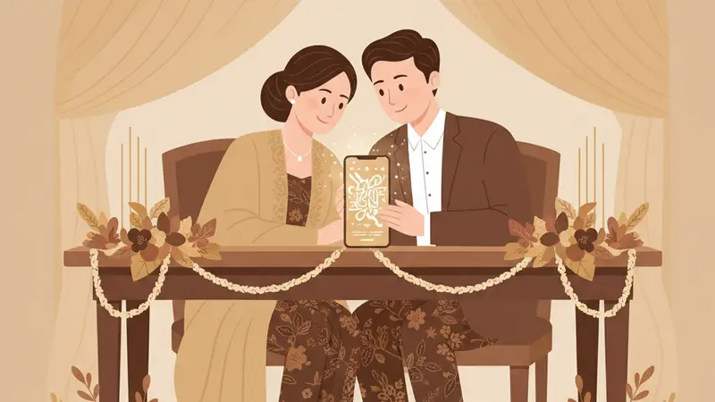 Ilustrasi pasangan sedang melihat form undangan online di tablet