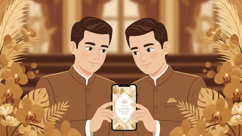 Ilustrasi pasangan sedang melihat kartu undangan online di tablet