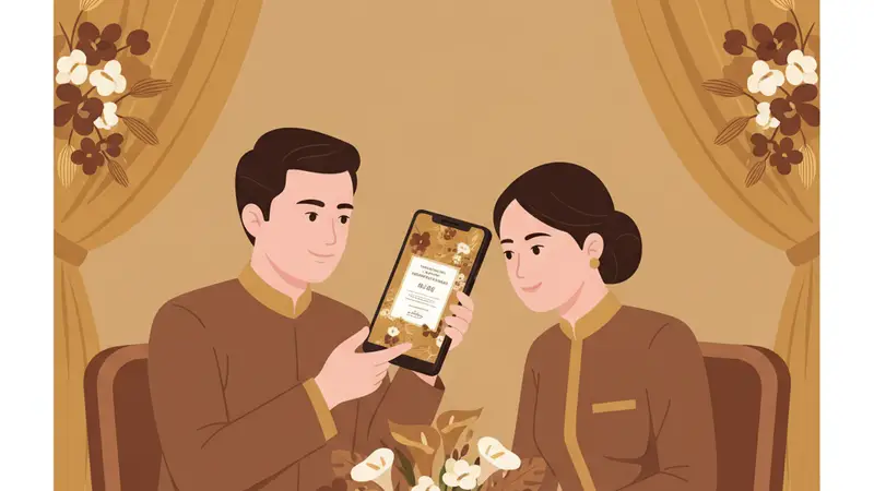 Ilustrasi kartu undangan pernikahan digital dengan pasangan pengantin dan dekorasi