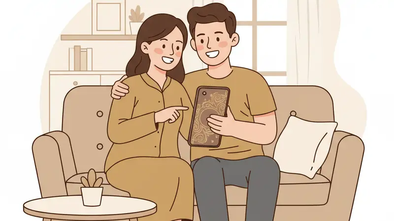 Pasangan pengantin sedang melihat kartu undangan pernikahan digital di laptop
