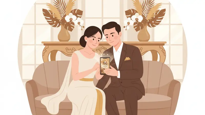 Pasangan pengantin memegang undangan digital di tablet