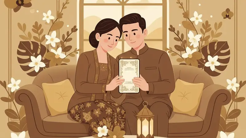 Ilustrasi pasangan sedang membuat undangan digital dengan Canva di laptop