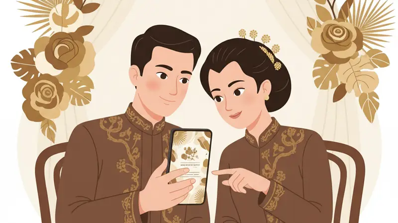 Ilustrasi pasangan sedang membuat undangan digital gratis di laptop