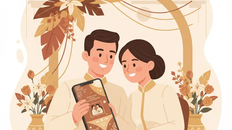 Pasangan sedang membuat undangan pernikahan digital gratis di laptop