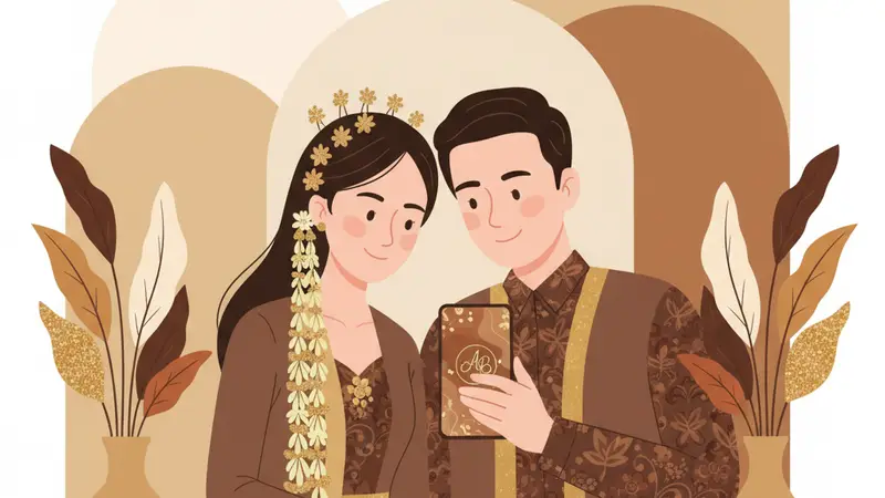 Ilustrasi pasangan memilih desain undangan di percetakan undangan online