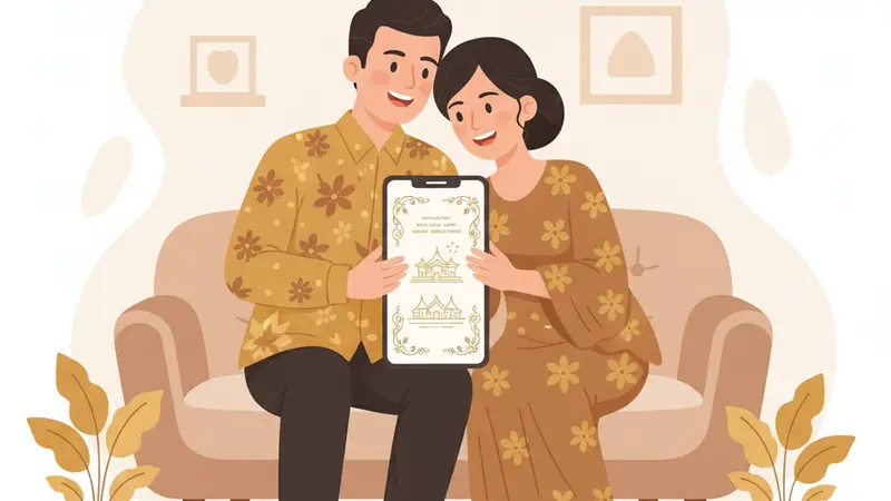 Pengantin melihat undangan digital di smartphone