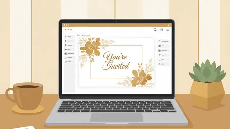 Pasangan berbahagia melihat undangan pernikahan di laptop