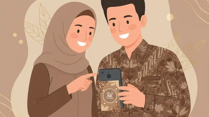 Pasangan muda melihat hasil desain template undangan digital di ponsel