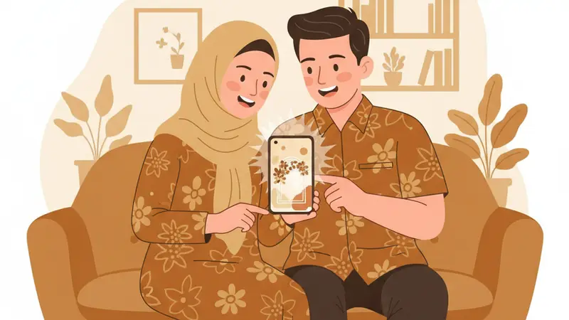 Pengantin wanita melihat undangan digital di ponsel
