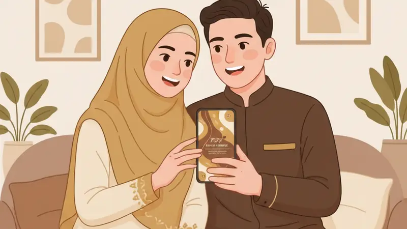Pengantin wanita melihat template undangan di laptop