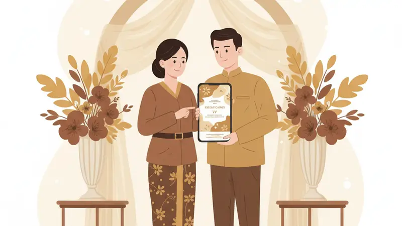 Ilustrasi pasangan sedang menulis tulisan undangan pernikahan online di laptop