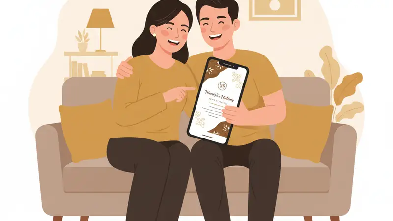 Pengantin sedang memegang tablet menampilkan undangan pernikahan online