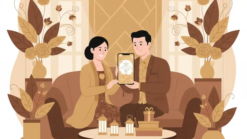 Ilustrasi pasangan sedang menulis ucapan undangan online di laptop