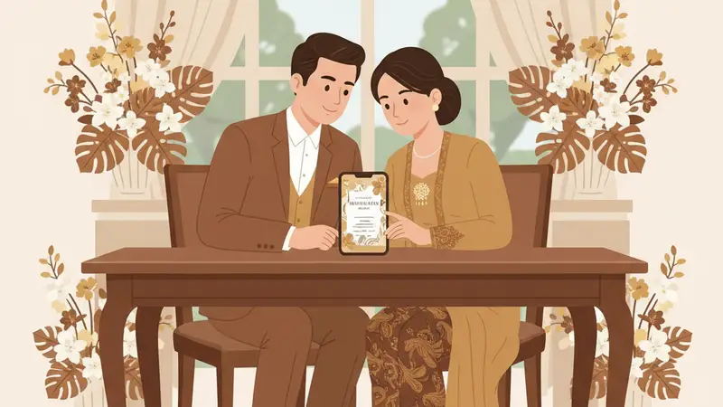 Ilustrasi pasangan sedang melihat undangan digital gratis Canva