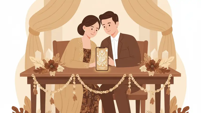Pasangan pengantin bahagia melihat undangan digital keren di tablet