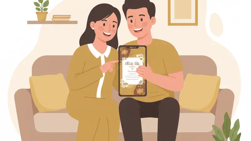 Pengantin baru melihat fitur undangan digital keren di laptop