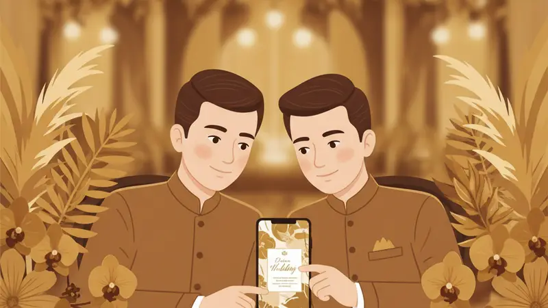 Pasangan sedang melihat undangan digital lamaran di tablet