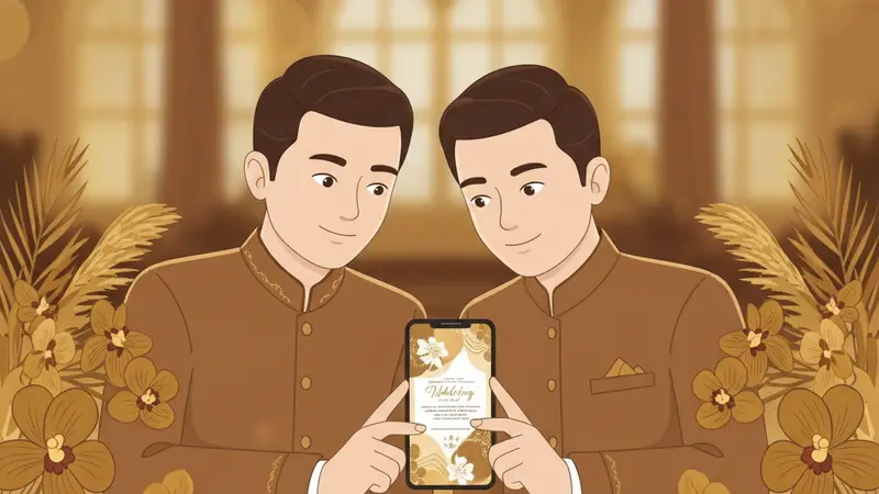 Undangan digital Natal dengan dekorasi khas Natal seperti pohon cemara dan kado