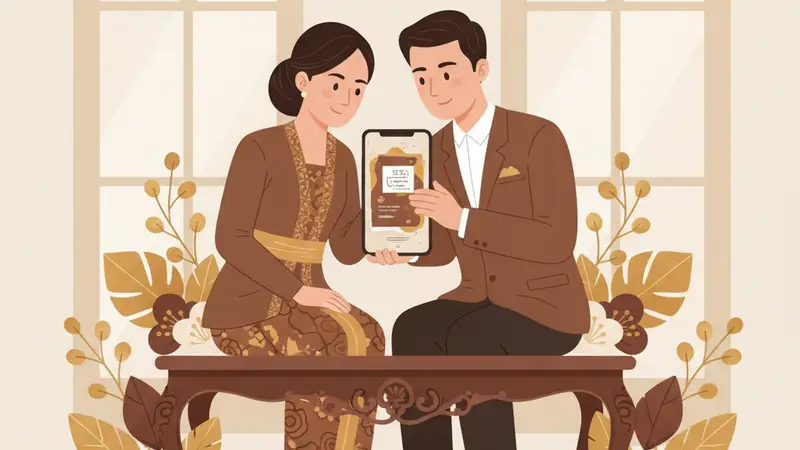 Seorang reseller undangan digital sedang mempresentasikan produknya kepada calon pengantin di sebuah kafe, menunjukkan kemudahan dan fleksibilitas bisnis ini.