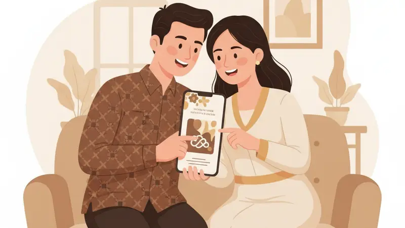 Seorang undangan digital reseller sedang mempromosikan undangan digital melalui laptop dan smartphone, menunjukkan fleksibilitas kerja.