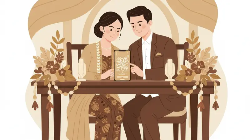 Pasangan tersenyum bahagia memegang tablet menampilkan undangan engagement online Sannubari