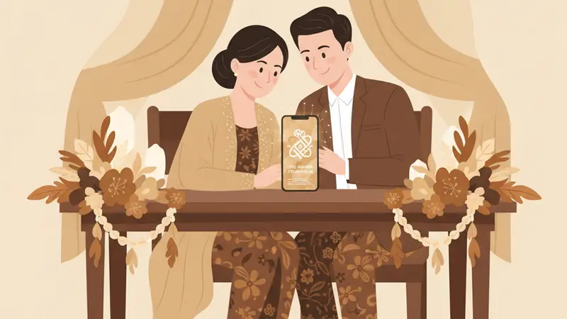 Pasangan berbahagia melihat undangan engagement online gratis di tablet