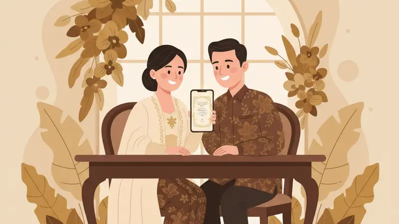Pasangan pengantin melihat undangan online nikah di tablet