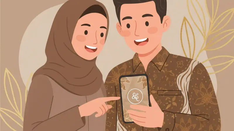 Pasangan pengantin sedang memilih template undangan online nikah di laptop