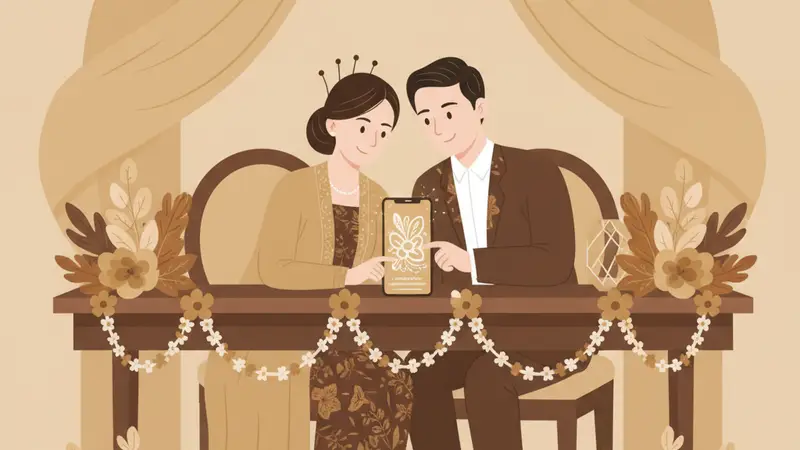 Pasangan pengantin melihat undangan online via WA di smartphone