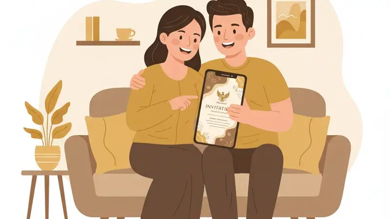 Pengantin wanita menunjukkan undangan online via WA dengan desain elegan