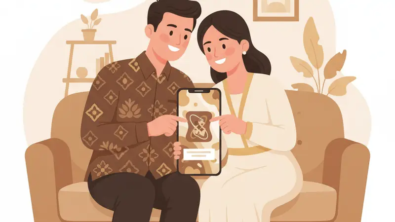 Pasangan sedang meninjau desain undangan digital mereka di laptop