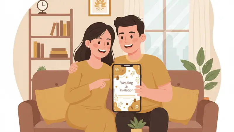 Detail desain undangan pernikahan monokrom dengan tipografi elegan