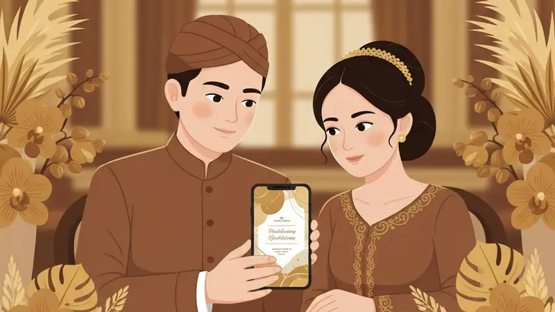 Ilustrasi keluarga bahagia dengan bayi dan undangan tasmiyah online di tablet