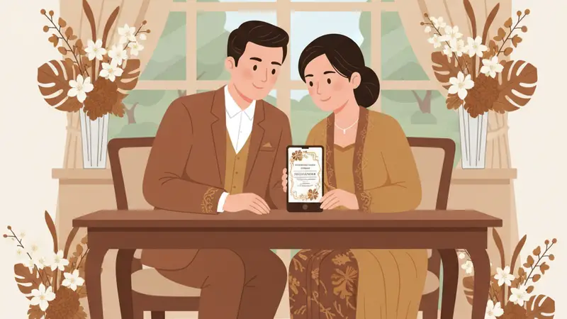 Ilustrasi pasangan sedang melihat undangan virtual gratis di laptop