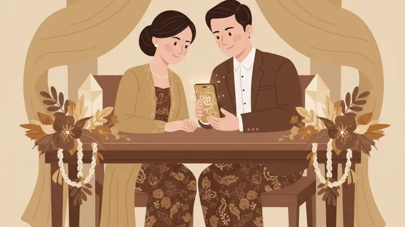 Pasangan berbahagia melihat undangan virtual wedding di laptop