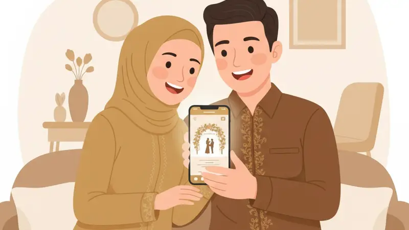 Pengantin muda melihat undangan virtual wedding di tablet