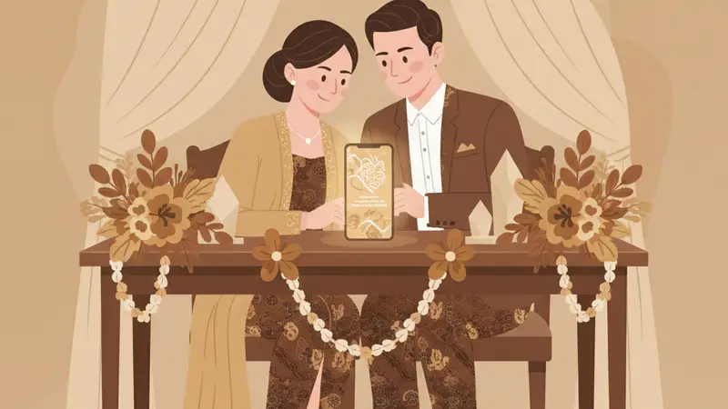 Pasangan pengantin melihat undangan web digital di tablet