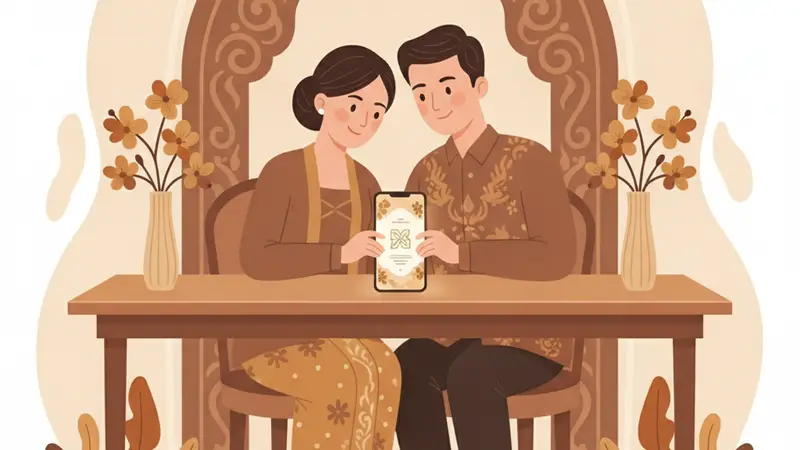 Pasangan pengantin sedang melihat kartu undangan online di laptop