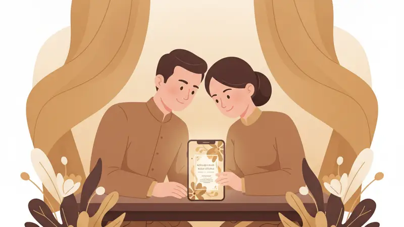 Pasangan berbahagia melihat surat undangan pernikahan online mereka di laptop