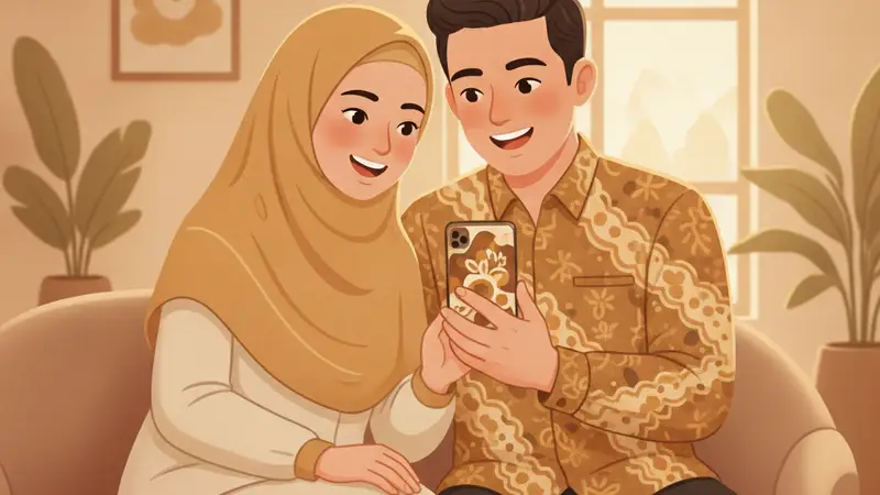 Pengantin muda sedang menyebarkan undangan pernikahan online melalui smartphone