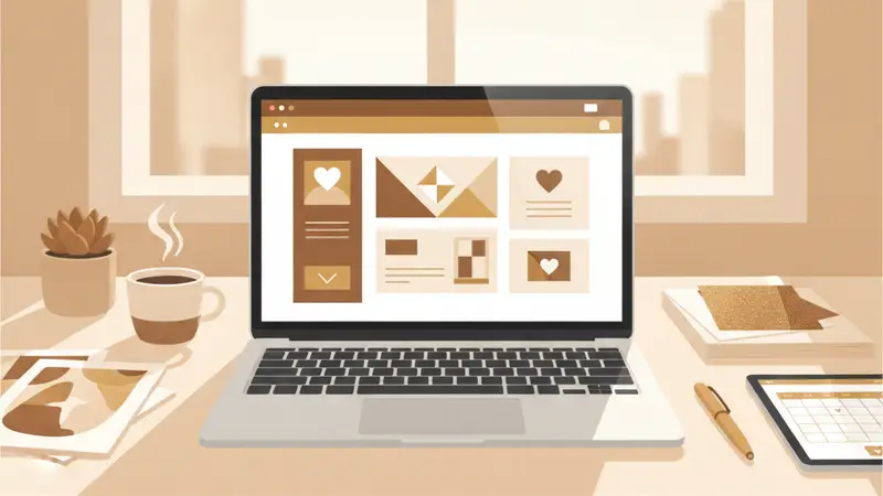 Wanita sedang membandingkan jasa undangan digital pernikahan terbaik di laptop