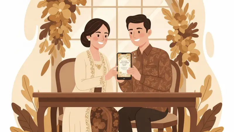 Ilustrasi keluarga bahagia dengan bayi baru lahir sedang mempersiapkan undangan aqiqah online