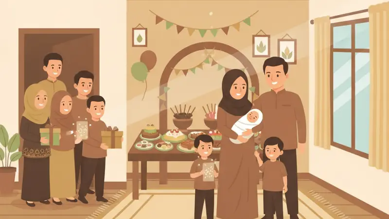 Orang tua sedang melihat undangan aqiqah online di tablet dengan bayi di sampingnya