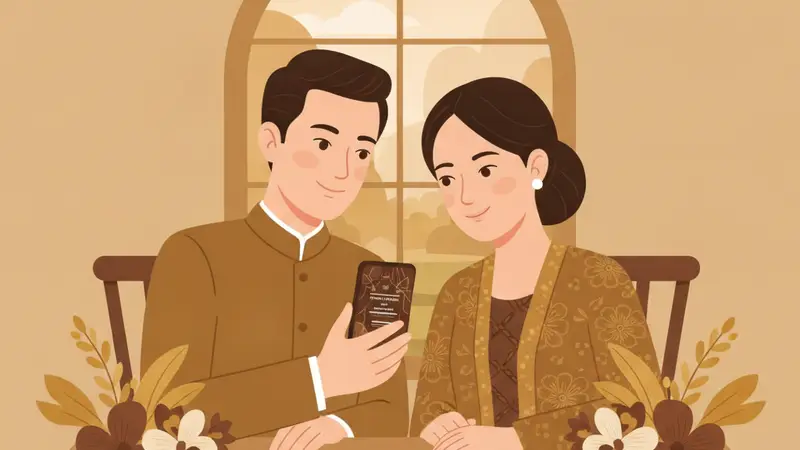 Pasangan calon pengantin sedang merencanakan bikin undangan pernikahan online di laptop