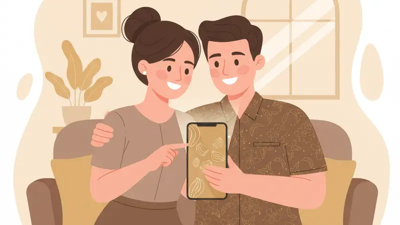 Pengantin baru sedang menyebarkan link undangan pernikahan online mereka melalui smartphone