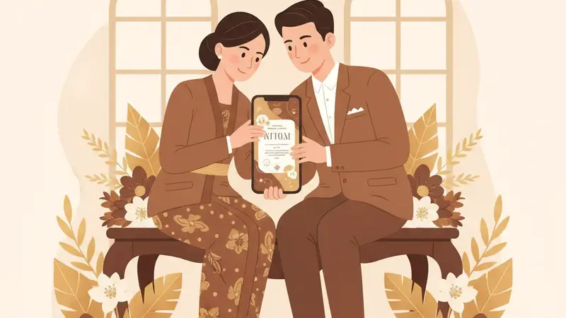 Pasangan sedang melihat kartu undangan online di laptop