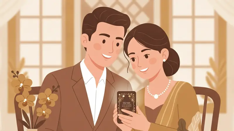 Pasangan sedang merencanakan pernikahan dan melihat contoh kartu undangan pernikahan online