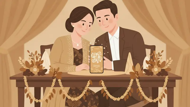 Ilustrasi keluarga sedang melihat undangan khitanan online di laptop