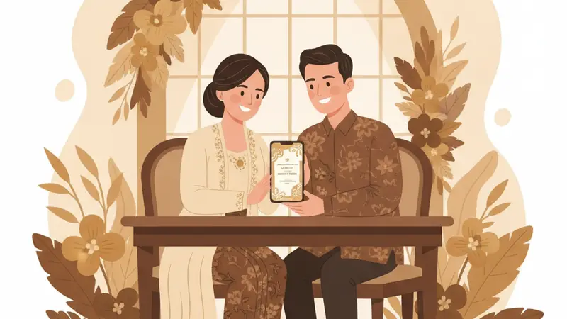 Pasangan pengantin sedang melihat undangan online website di tablet